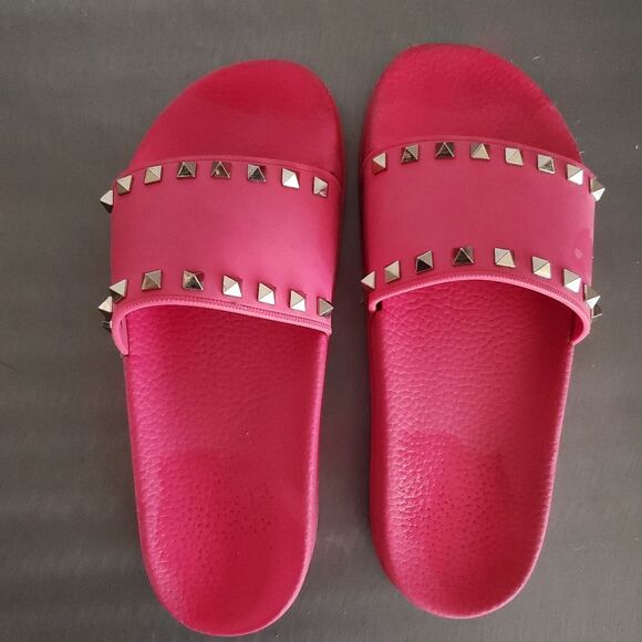 Valentino Garavani Rockstud Pool Slide Sandals Fuschia Pink Gold Stud 39 US 9 - Picture 1 of 13